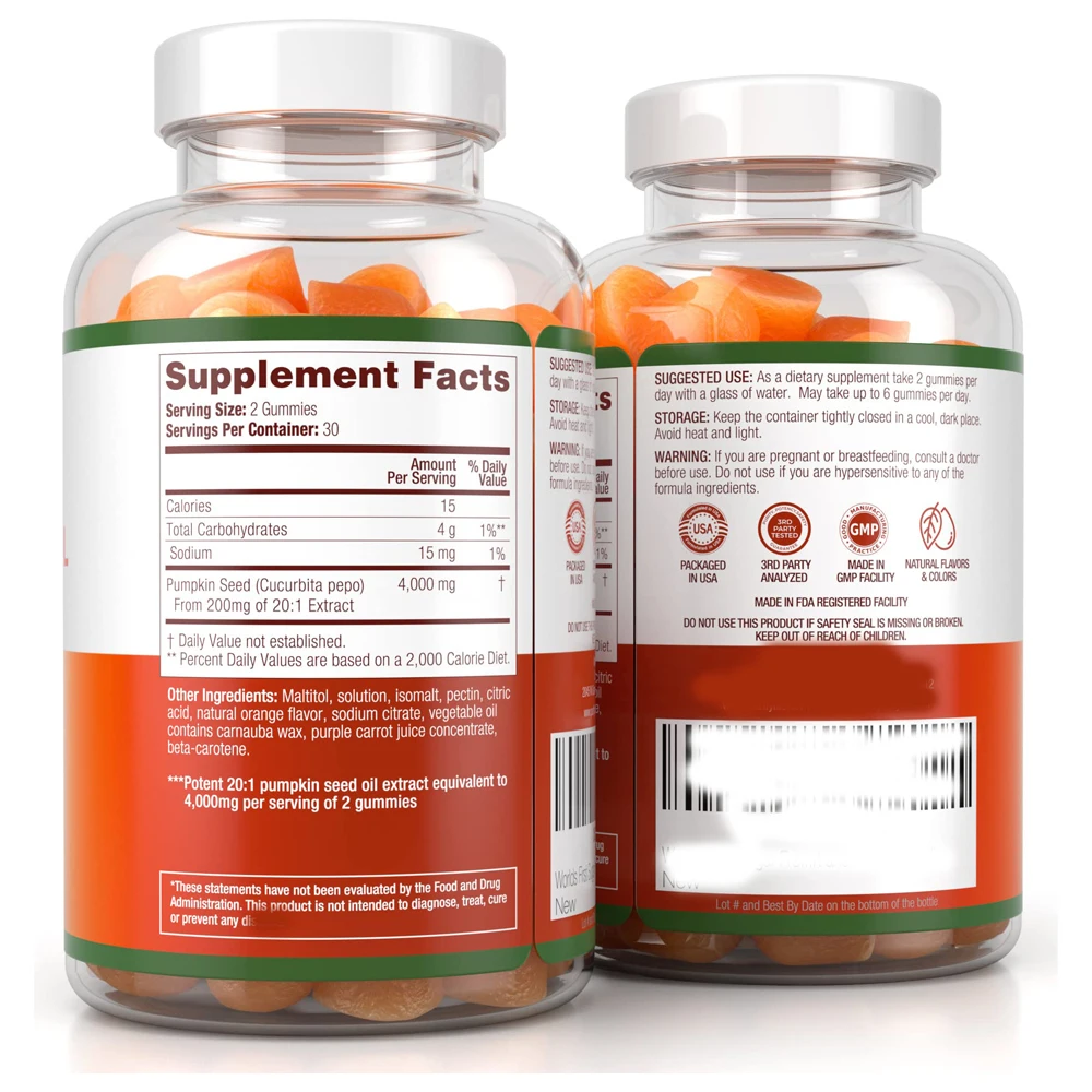Private label Natural Pumpkin Seed Oil Supplement Gummies with Omega 3 & 6 Boost Metabolism and Hair Skin Health gummies