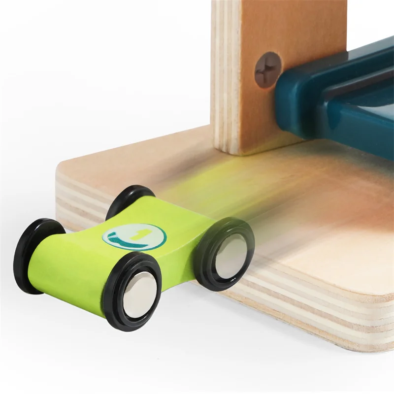 Topbright Educational Wooden Four-track Four Slide Trucks Track Racer kids racing track toy