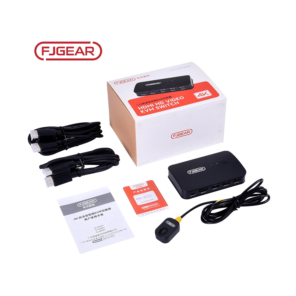FJ-HK201 FJGEAR Manual 4K 2 Port 2 in 1 out USB2.0 Hdmi HD video Kvm switch Support 3840*2160/30Hz Resolution HDMI KVM Switch