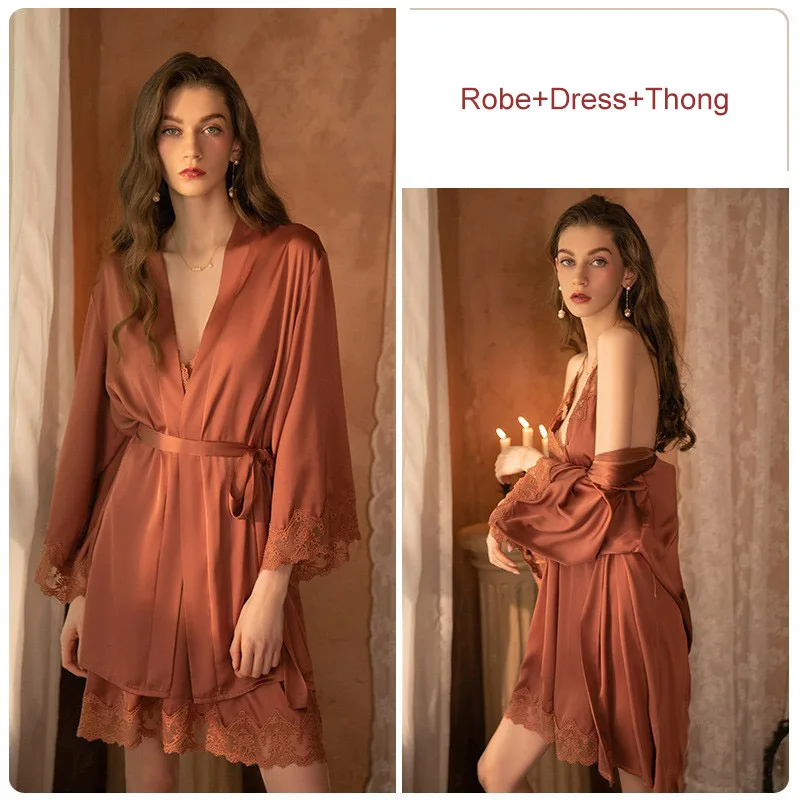 Satin Lace Suspender Nightdress 3 Piece Sets Home Wear Girl White Long Sleeve Sleep Nightgown Pajamas Bride Kimono Robe Set