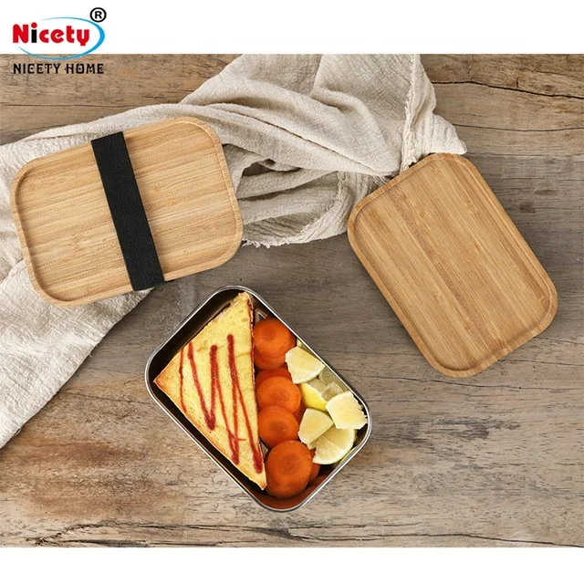 304 Bento Bread Box Food Storage Lunch Box Stainless Steel Bento Wood Storage Boxes & Bins Food Container School Modern Silver