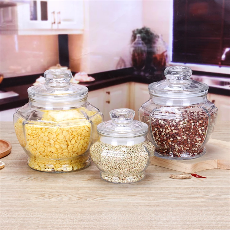 wholesale large size kitchen glass cookie jar candy storage jar containers with glass cork