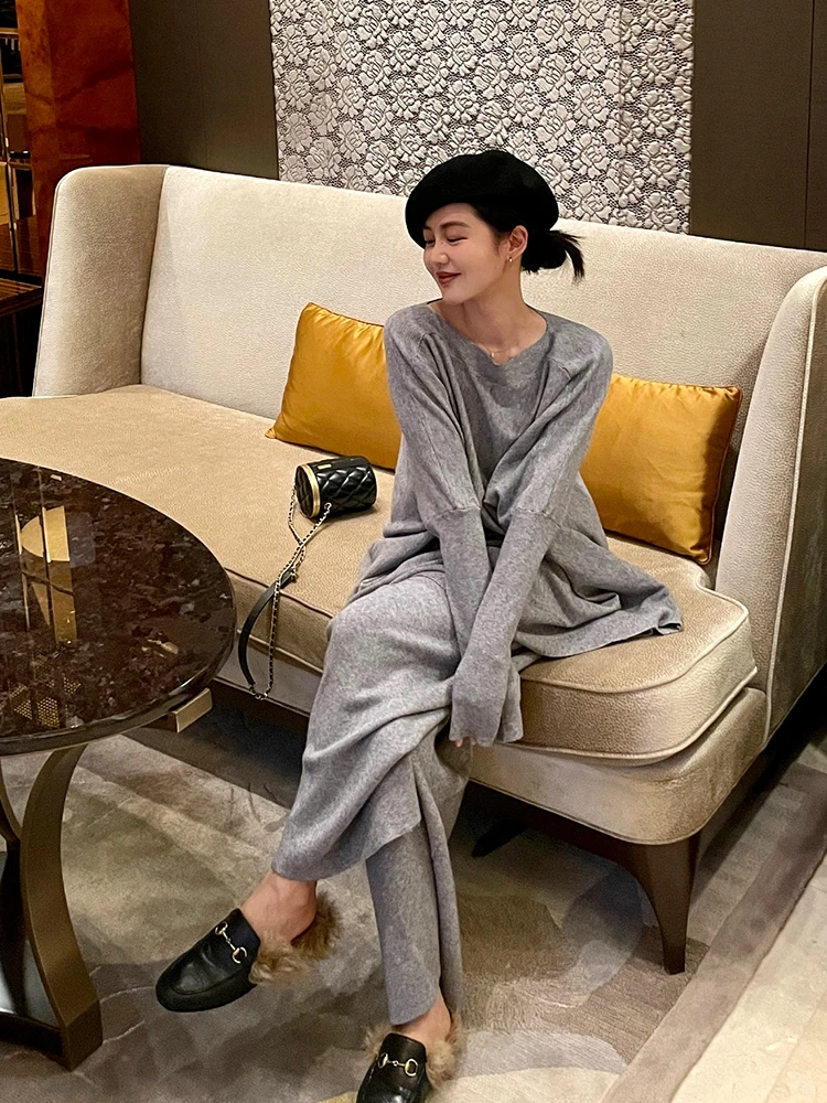 Relaxed and plaid Two Piece Sweater New Lazy Knitted Sweater High Waist Casual Wide Leg Pants Suit