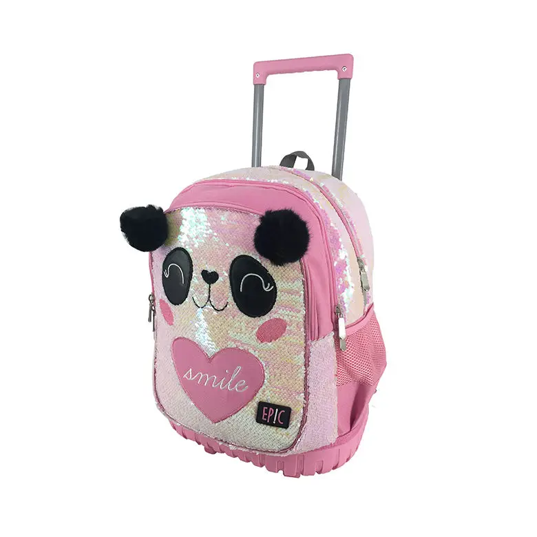 2023 new design girls cute panda pink glitter sequin backpack trolley school bag wheeled school backpack