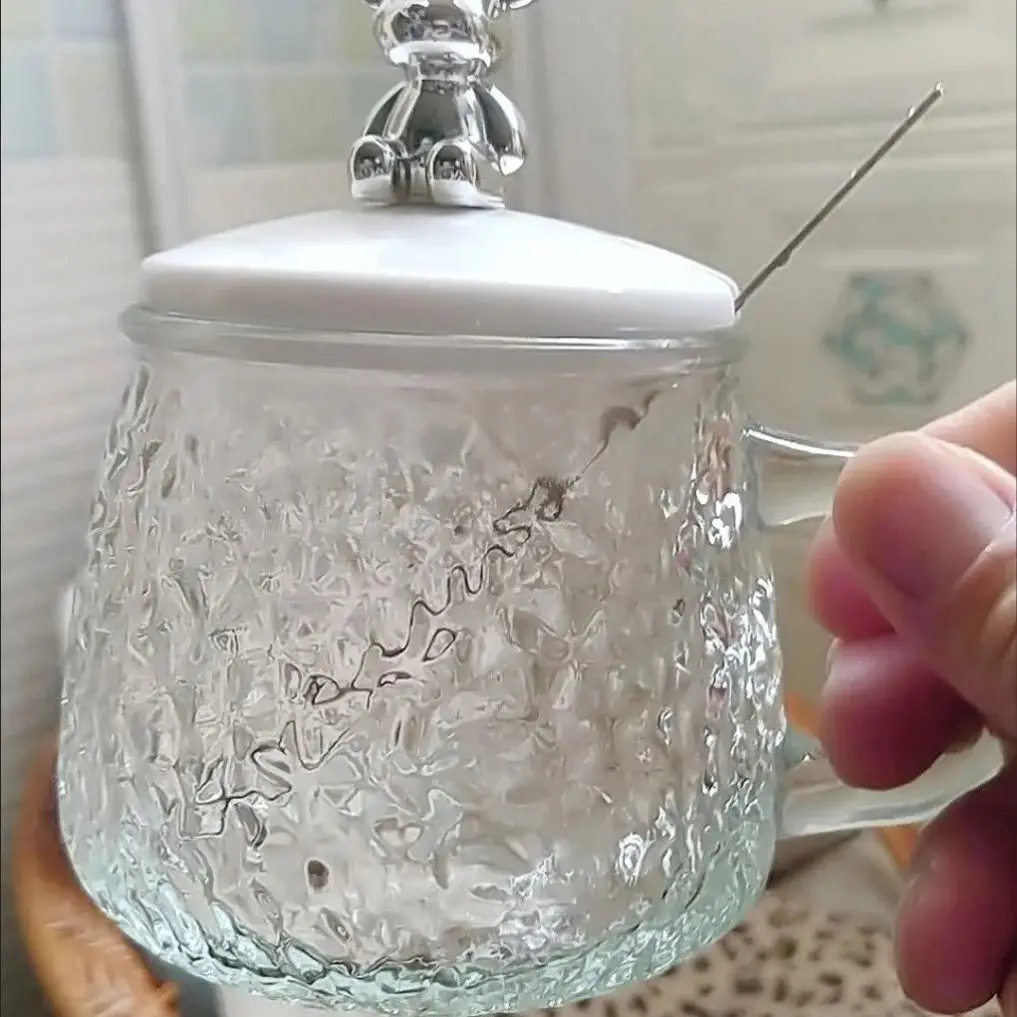 400Ml Beverage Mug Little Bear Hammer Pattern Frosted Handle Mug Glass Water Coffee Cup With Lid