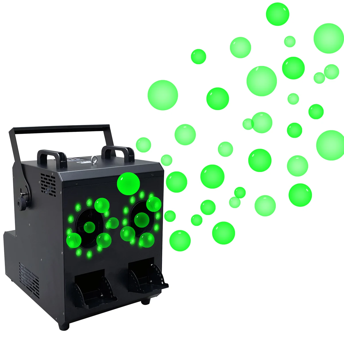 Lot of vivid bubbles filled with fog with less fog outside fobble machine with four angle wind outlet fan smoke bubble blower