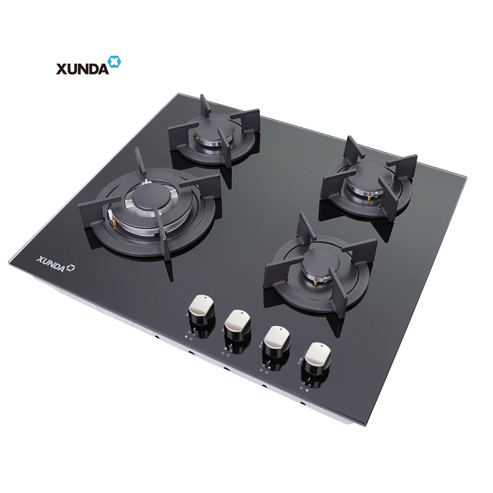 Xunda Commercial Glass Top Gass Stove Equipment Built-In Four Burners Gas Hob 4 Burner Stove Gas Cooker