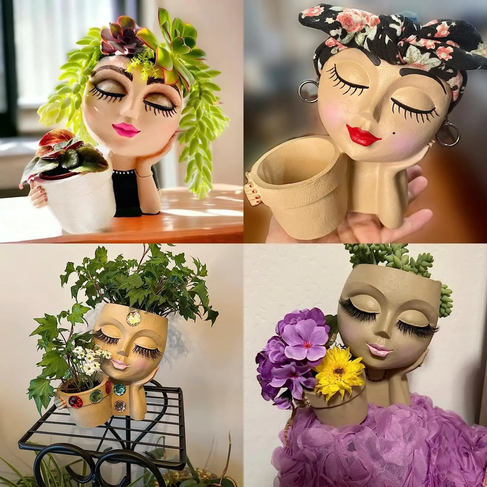 Resin Planter Pot With Drainage Hole Custom Girl Head Vase Seed Succulent Plant Pot Planters Outdoor Face Flower Pots