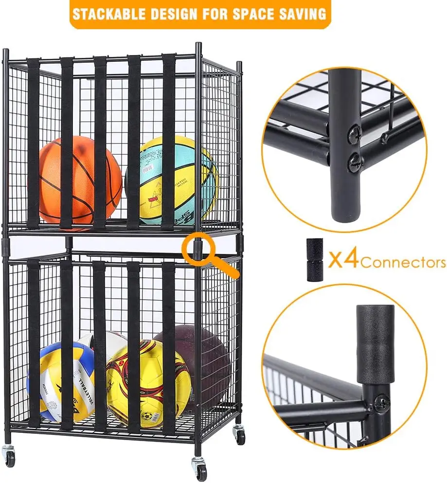 Sports Ball Storage Rolling Cart with Basket and Hooks Lockable Sports Ball Cage Storage Rack for Garages Playgroup Gym Schools