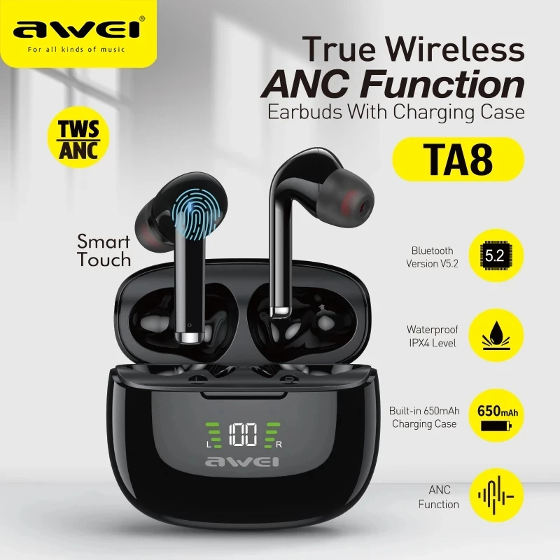 Awei New Arrival Bluetooth Earphone Headphone Version 5. 2 TWS TA8 Cellphone Earbuds Wireless Stereo Earphone Bluetooth
