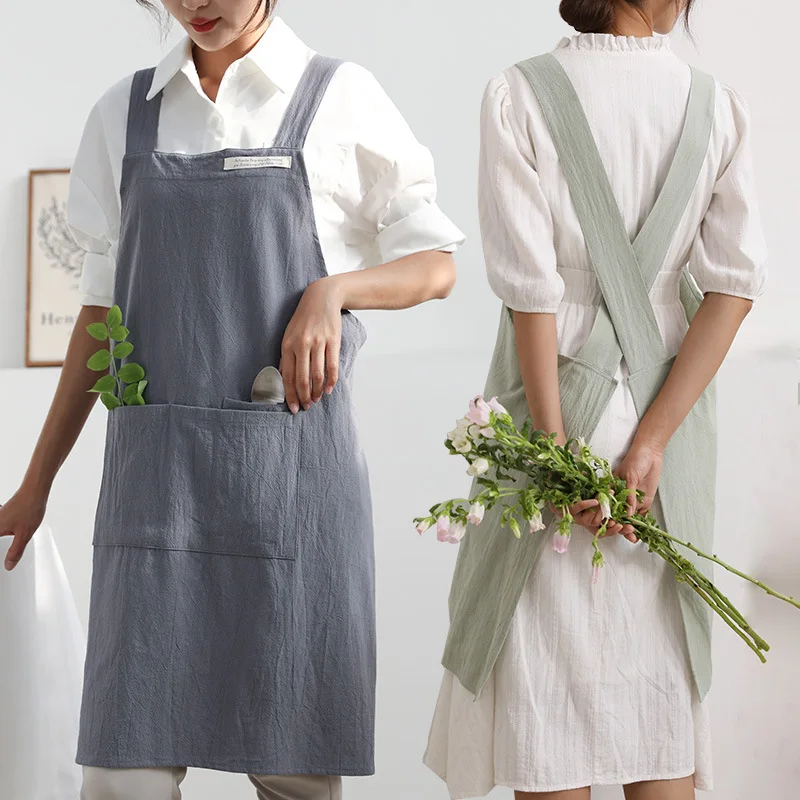 Wholesale Cheap Custom Logo Adjustable Grey Women Adults Linen Cotton Kitchen Apron With Pockets