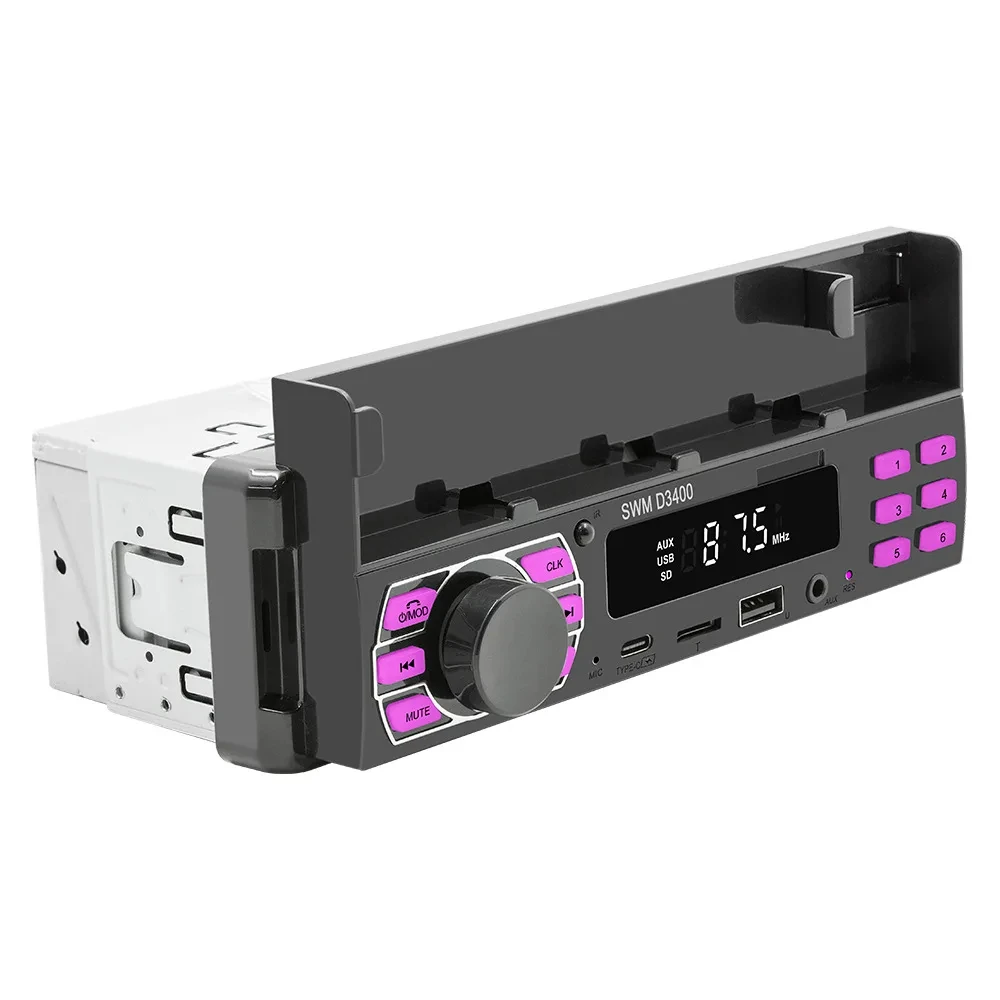 Car Radio Bluetooth 1 Din MP3 Player Handsfree A2DP Type C USB TF Aux APP Remote Cell Phone Holder Audio System Head Unit D3400