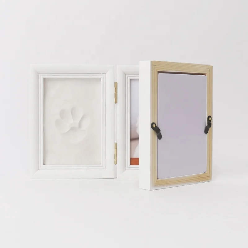 Foldable solid wood photo frame for easy placement as a beautiful gift for pets with pressed paw prints