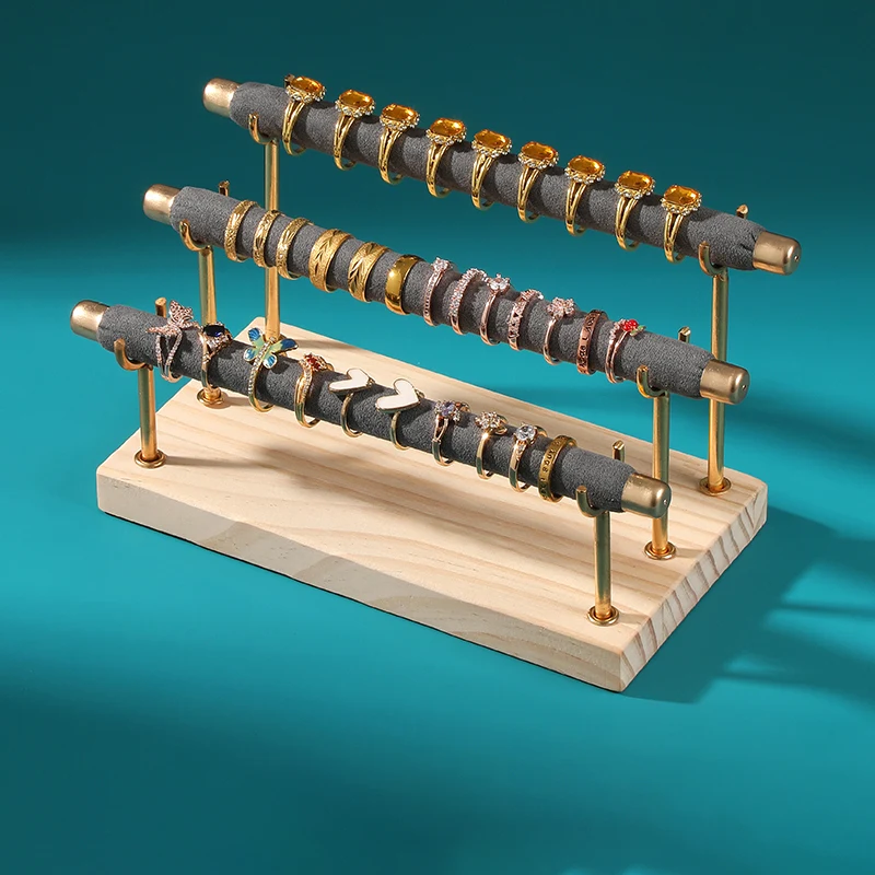 Three-Layer Solid Wood and Wrought Iron Ring Display Rack Jewelry Packaging & Display