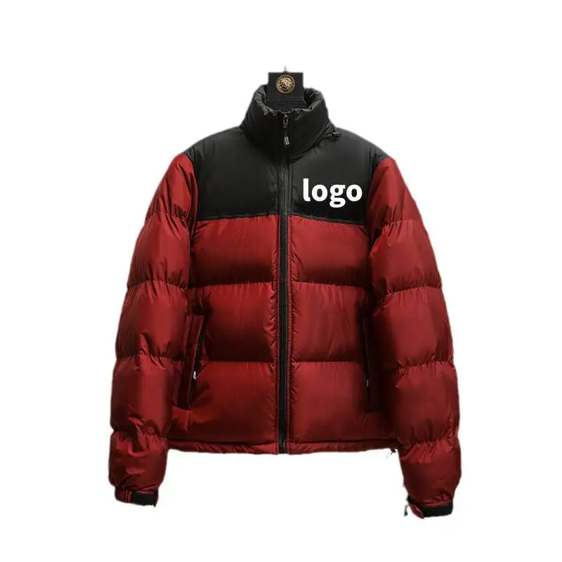 Custom Printed Winter Puffer Coat Nylon Fabric White Duck Down Filling Loose Fit Unisex Casual Stand Collar Down Jacket