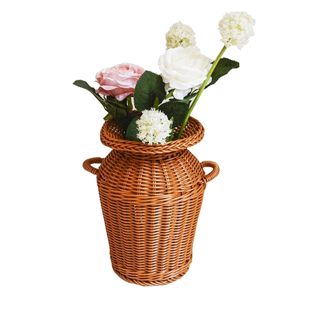 Renel Home Decor Plastic PE Woven Antique Rattan Vase for Artificial Flowers