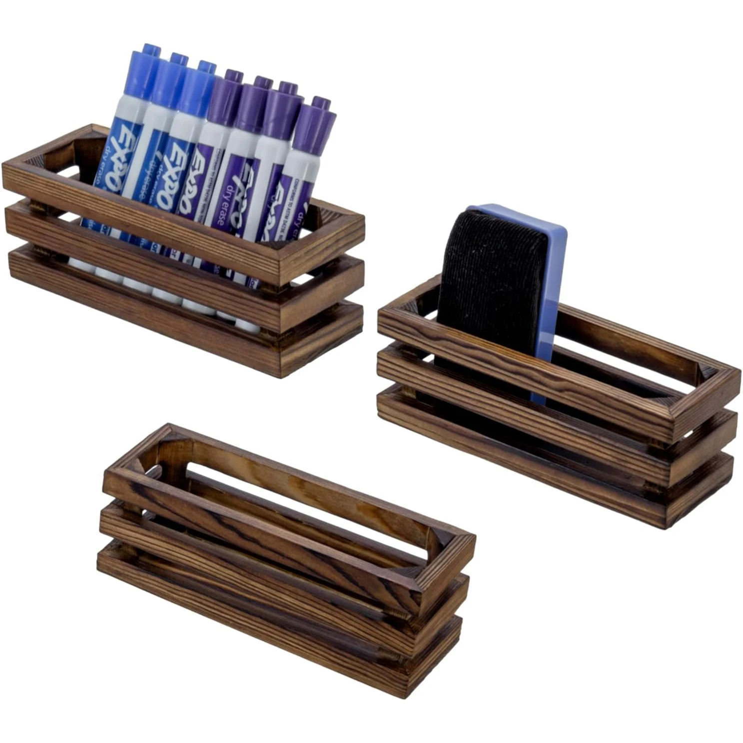 Wooden magnetic country style pencil and whiteboard accessories storage basket 3-piece set