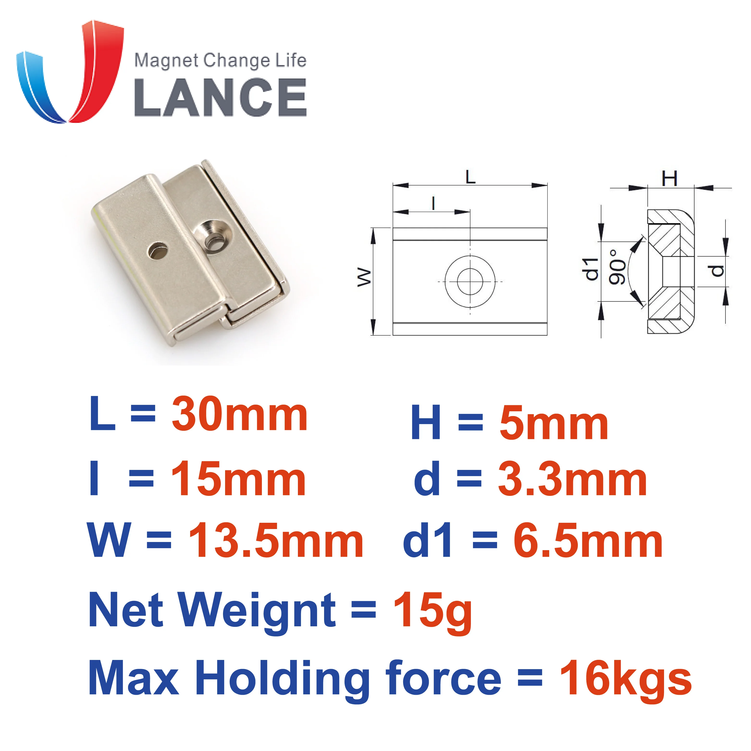 35lbs 16kg F30mm Nickel coated block magnet with countersunk hole