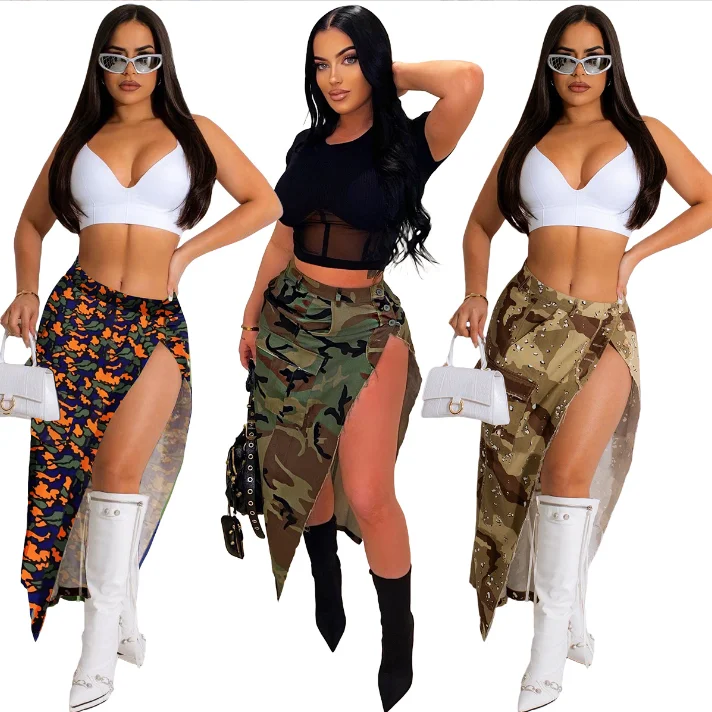 Women Streetwear Camouflage Dress Skirts 2023 Spring Casual High Waist Pockets Cargo Camo Split Long Skirt