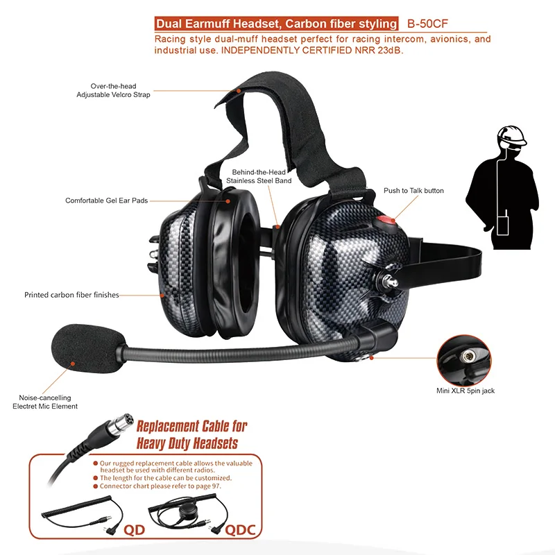 Raytalk B-50CF Dual-халява уха bluetooth гарнитура легкого углеродного волокна чашки наушника 23dB НРР для Kenwood двухстороннее радио