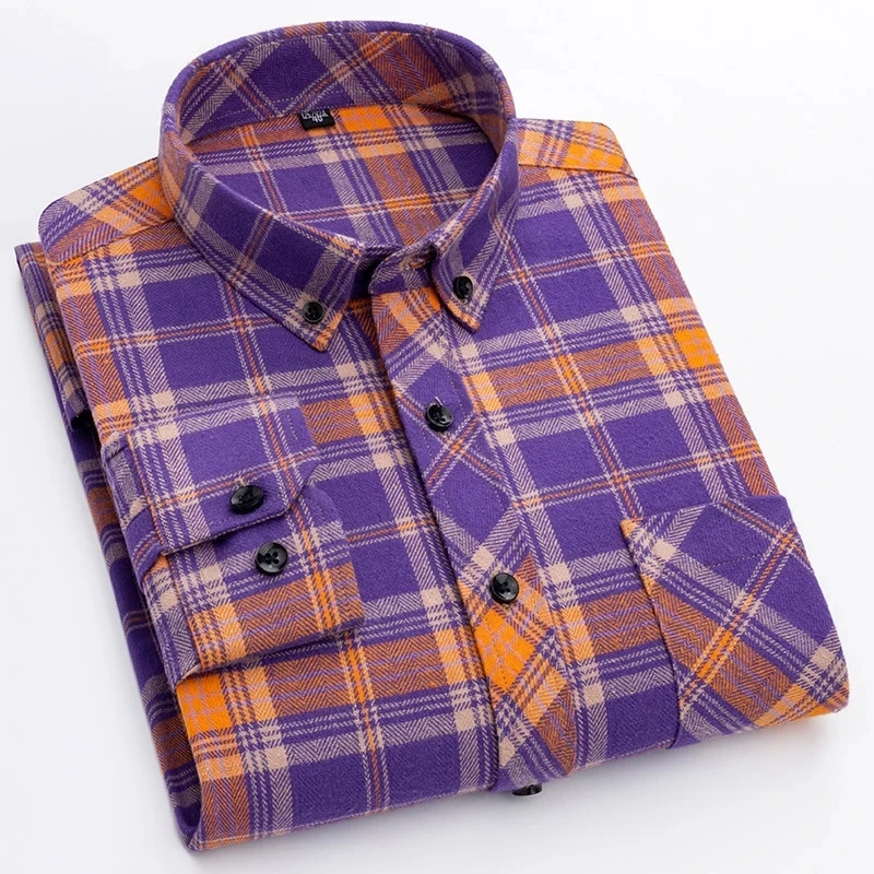 Men Casual Plaid Shirts Long Sleeve Leisure Business Man Checked Shirt with Pocket Soft Comfortable