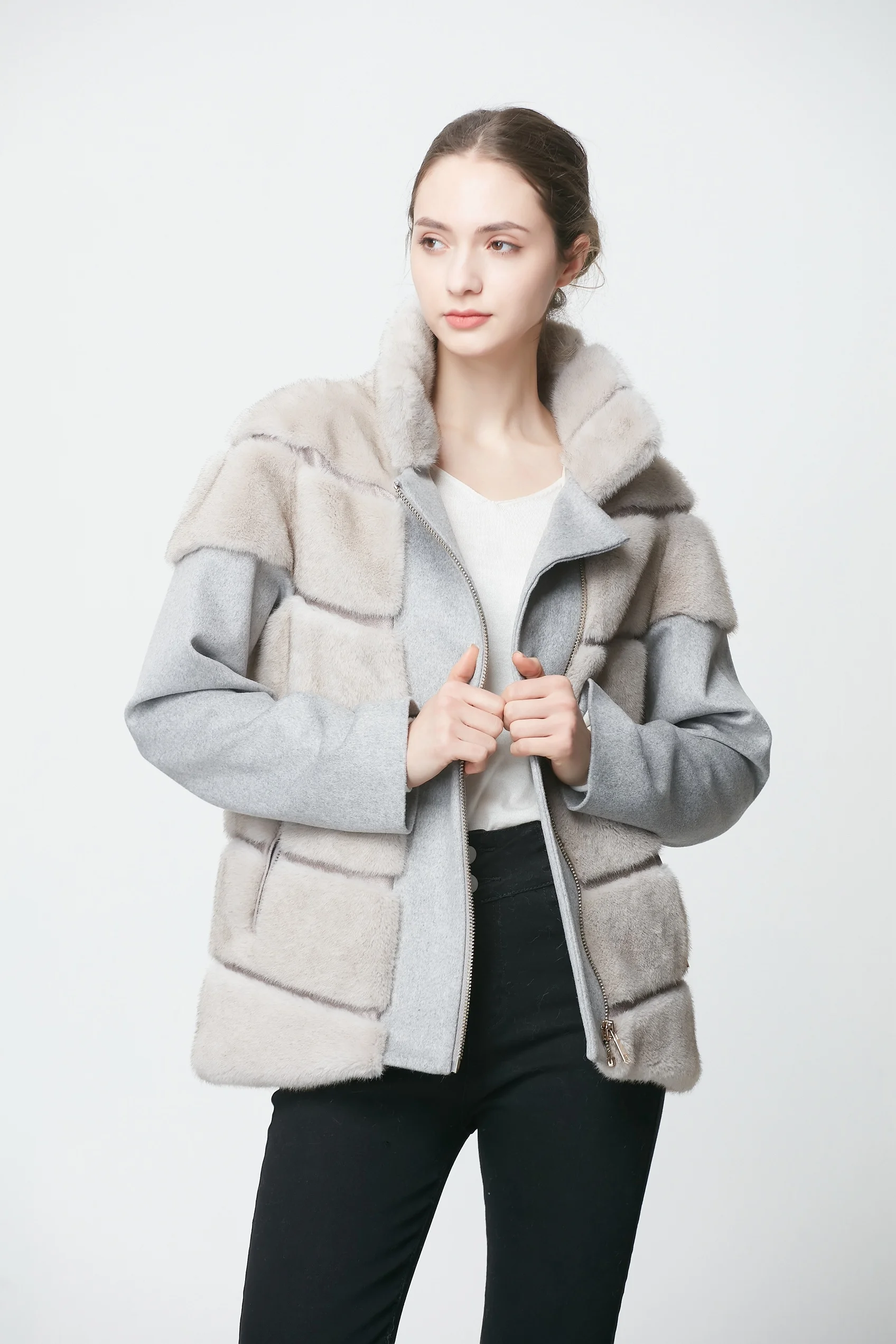 NEW Cashmere Wool Lining Spring Latest Design Leather Jacket High Quality Italian Grey Fur Coat