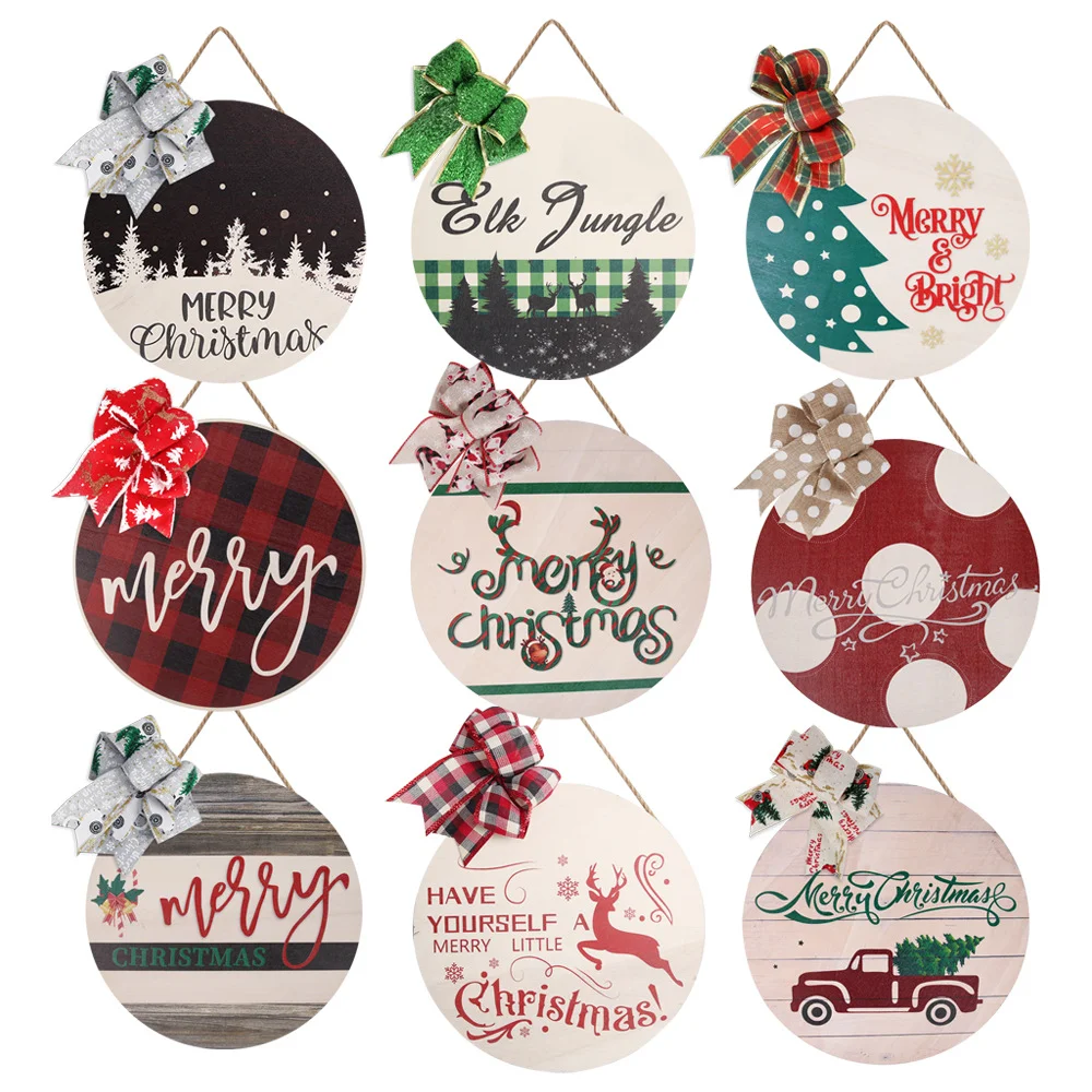 Novel Christmas Wooden Listing Christmas Wall Decoration Pendant Bow Round Door Tag Hanging Ornament