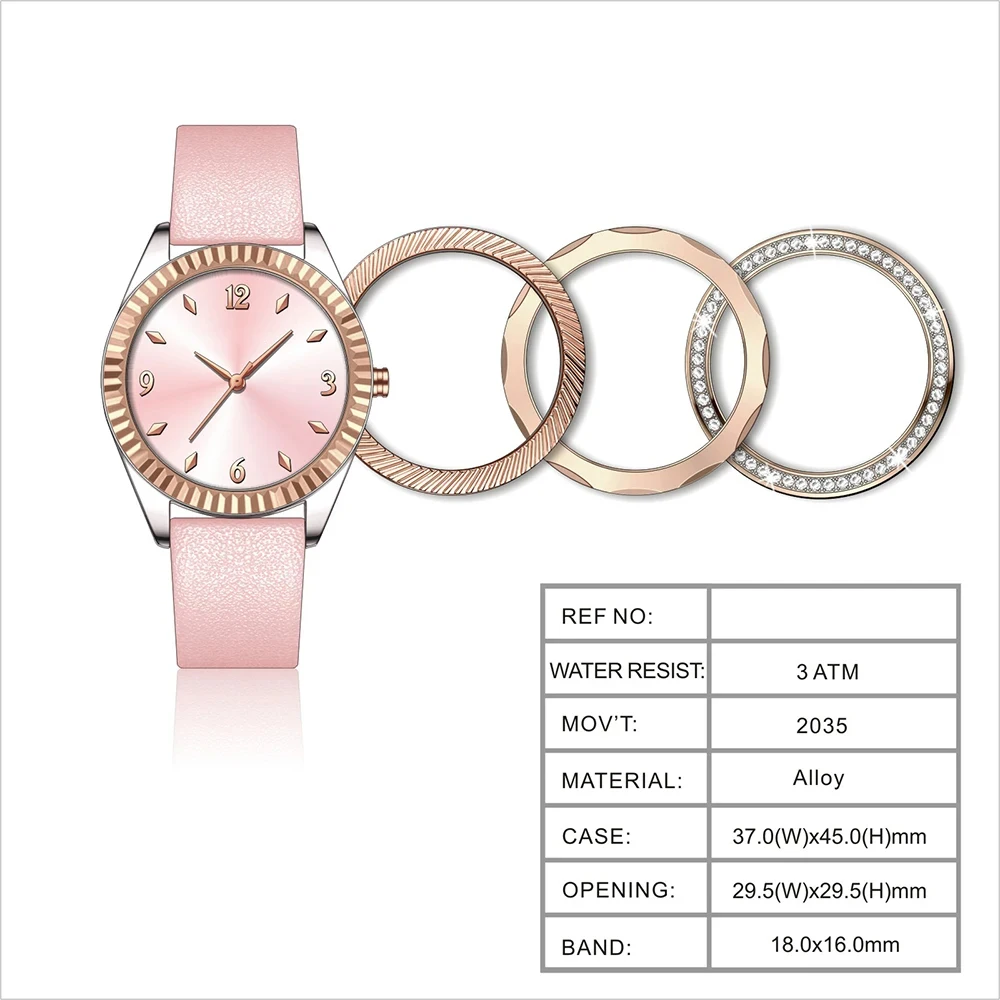 Replaceable Zigrinate Bezel Genuine Leather Women Watch Set Montre Bracelet Femme Reloj De Mujer