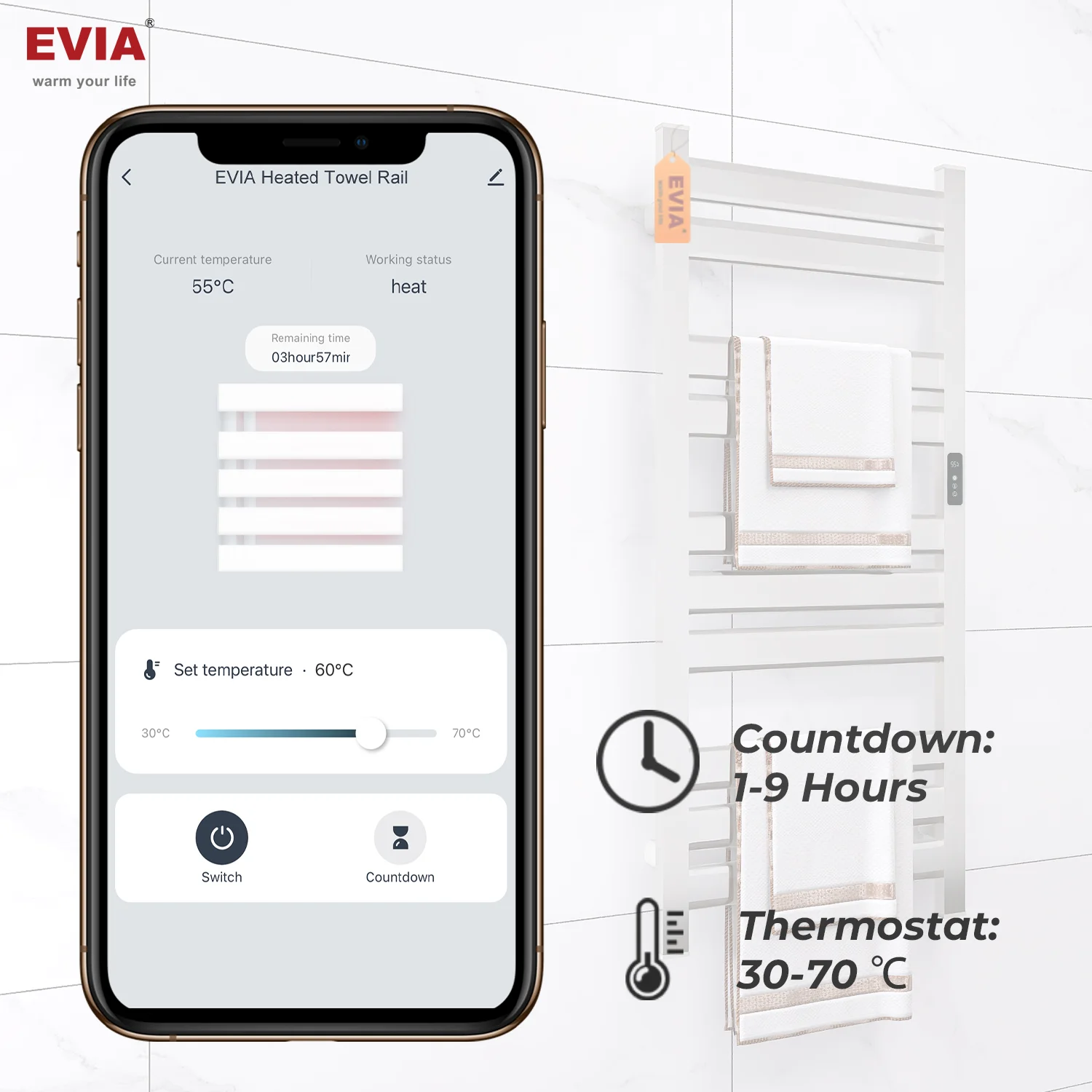 EVIA Factory Direct Selling Eco-Friendly Bathroom Electric Heated Towel Rail