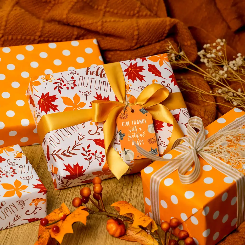 Maple Leaf and Orange Polka Dots Autumn Design Halloween Selection Design Printed Kraft Paper Roll For Flower And Gift Packing