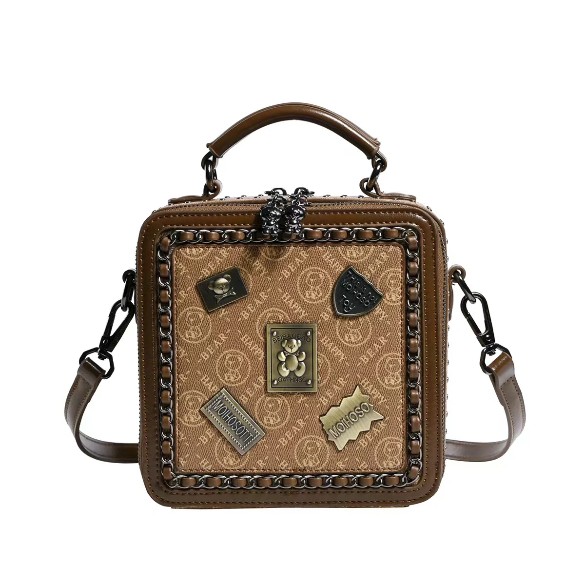 factory hot Summer new High quality vintage square Bucket Bag PU Printed Wide shoulder strap Designer brand women crossbody Bag