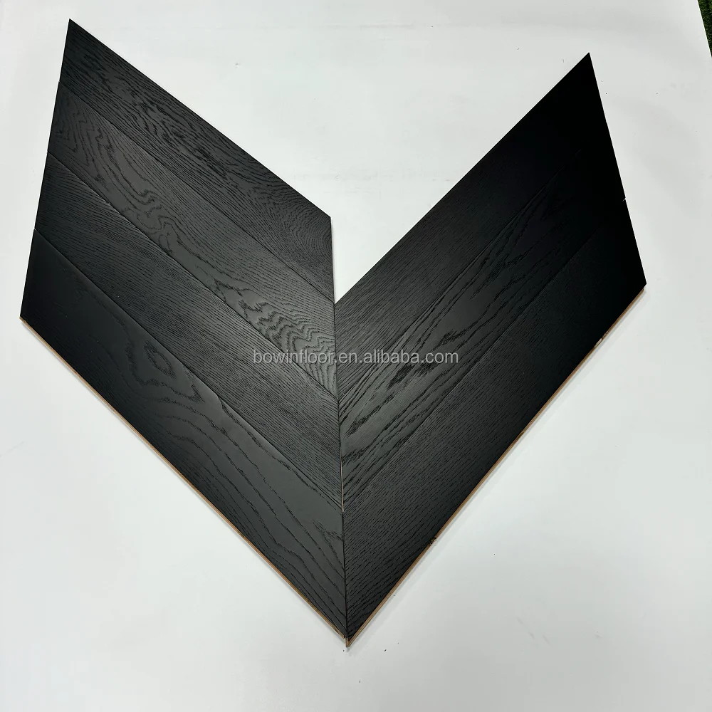 semi gloss full black wood parquet dark color oak engineered chevron flooring