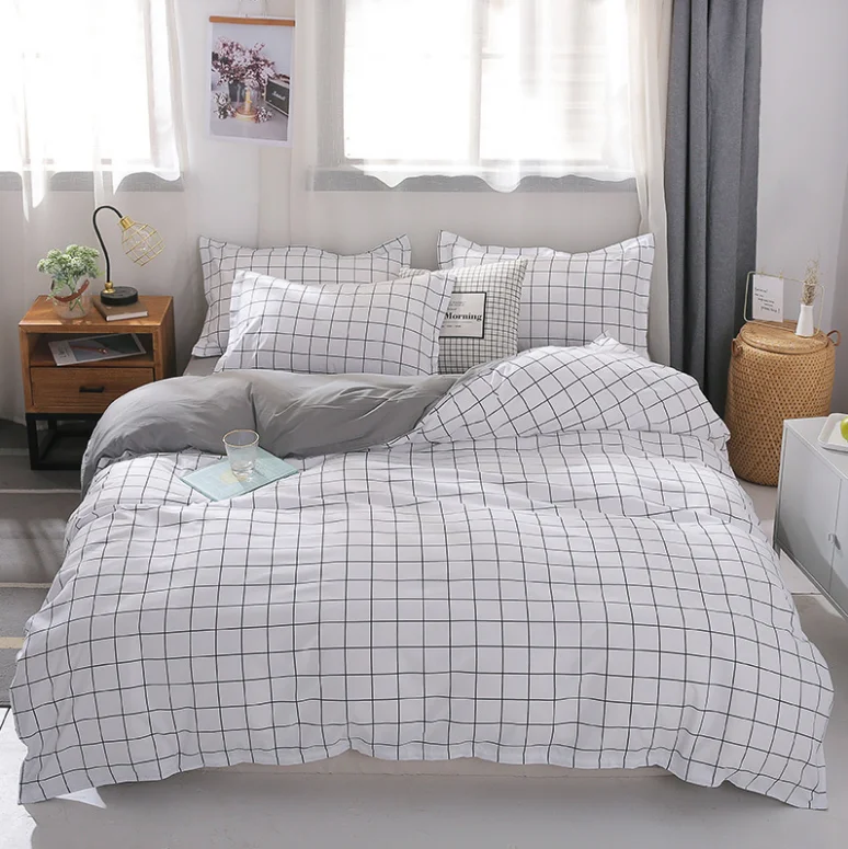Factory direct sale aloe cotton brushed four-piece set wholesale gift plaid printing bed linen quilt cover wholesale bedding