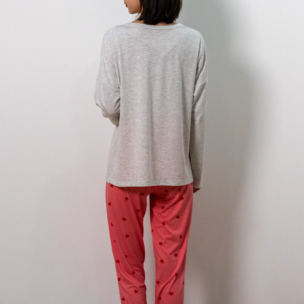 Drop Shipping Print Adult Pink Home Wear Long Sleeve Valentines Pajamas For Women Set
