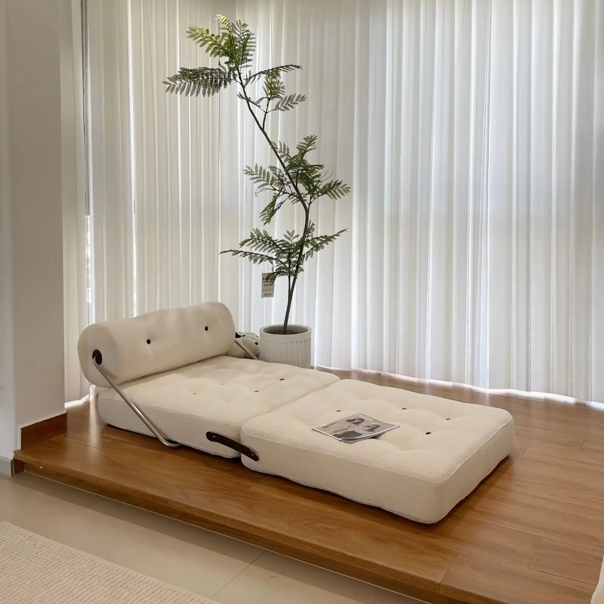 Portable Sofa Bed Comfortable Modern Multipurpose Beige Upholstered Lazy Chair For Home Indoor