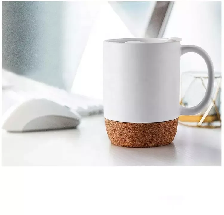 Give aways Sublimation Custom Logo Matte Plain White Black Ceramic Coffee Mug With Cork Base Bottom Matte Tea Cup With Lid