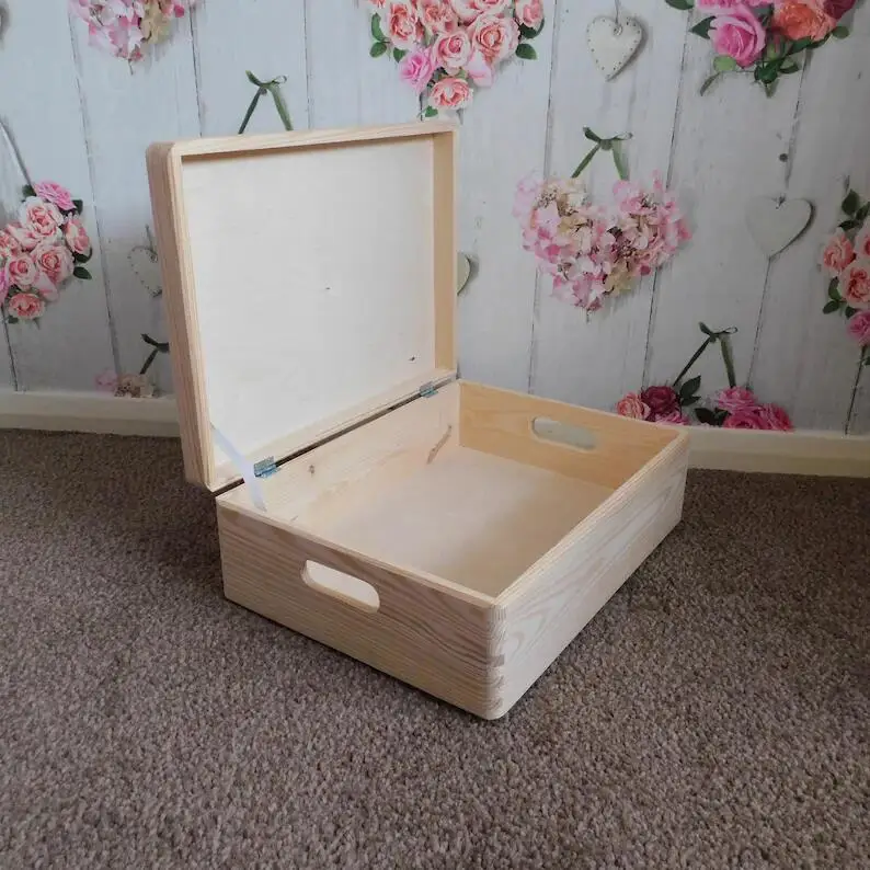 JUNJIl Large Wooden Board Storage Box with Handles Plain Toy Keepsake Wood Lid Included