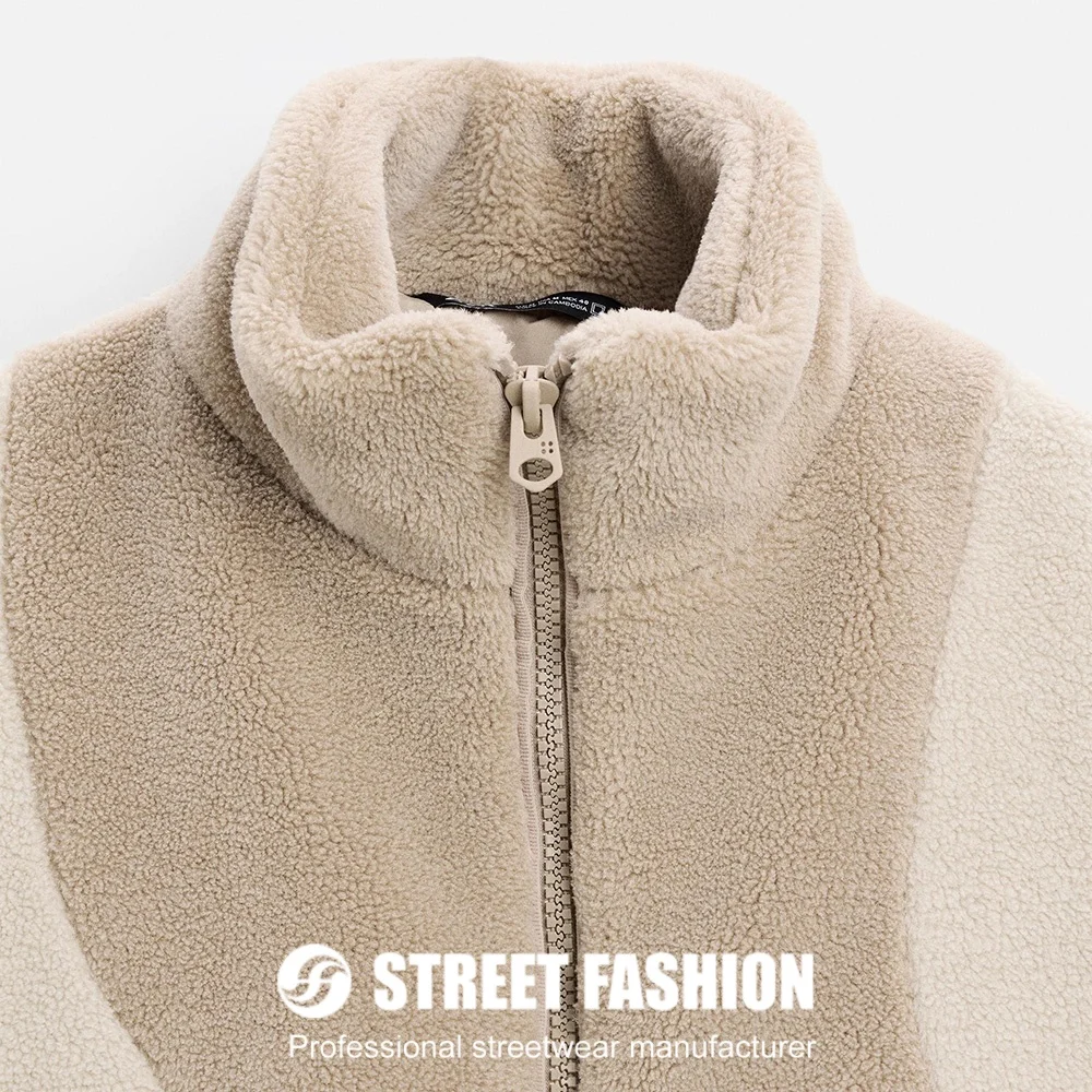 Manufacturer Custom Winter Casual Luxury Thick With Patchwork Color Block Stand up Collar Full Zip up Sherpa Fleece Jacket Men