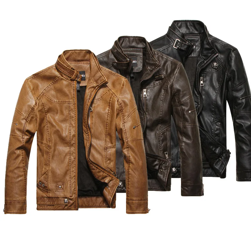 2021 New Men Motorcycle Winter Warm Padded PU Leather Jacket