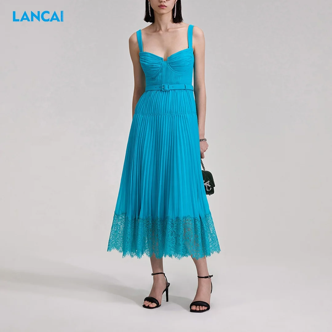 2024 Pleated Lace Hem Dress With Cup And Blue Belt Adjustable Strap Cup Plain Chiffon Pleated Dress