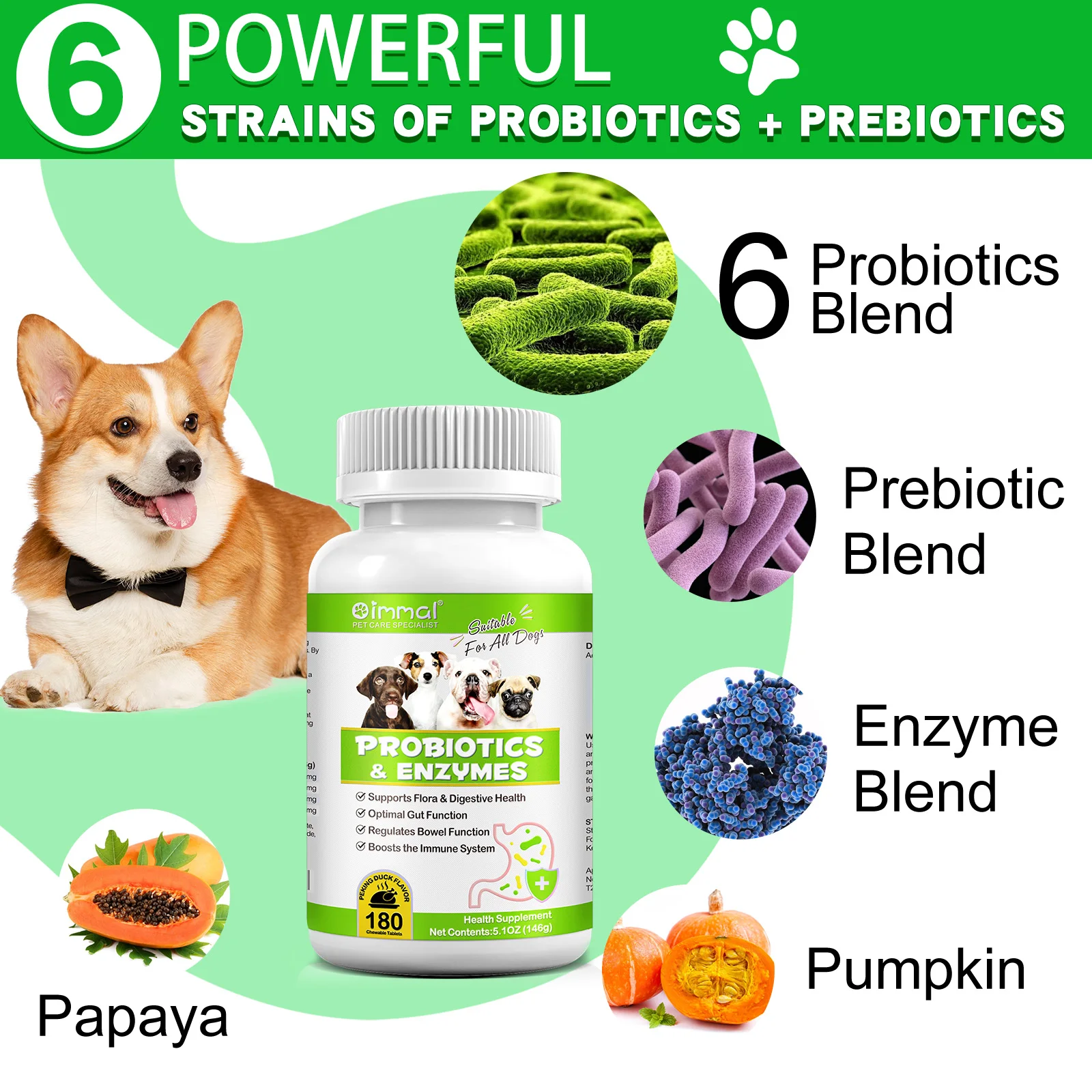 Custom Logo Pet Care Bulk 180 Chewable Native Probiotics Tablets with Enzymes for Dogs Digestive Gut Health