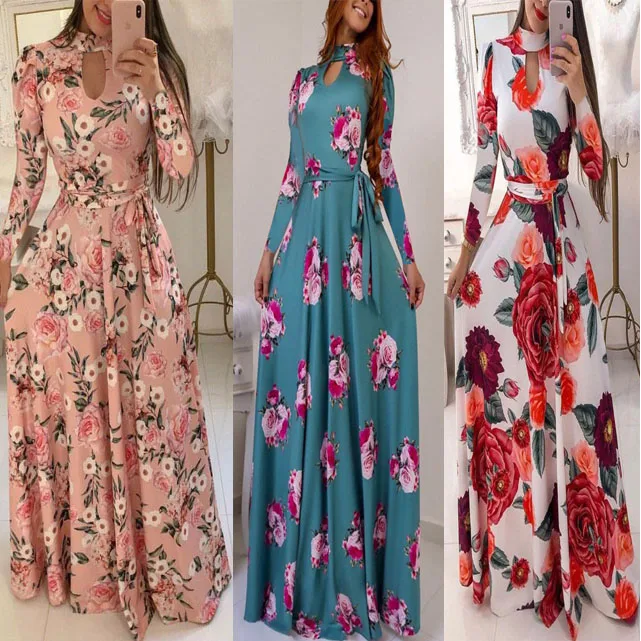Stylish woman clothing ladies floral print long maxi dress