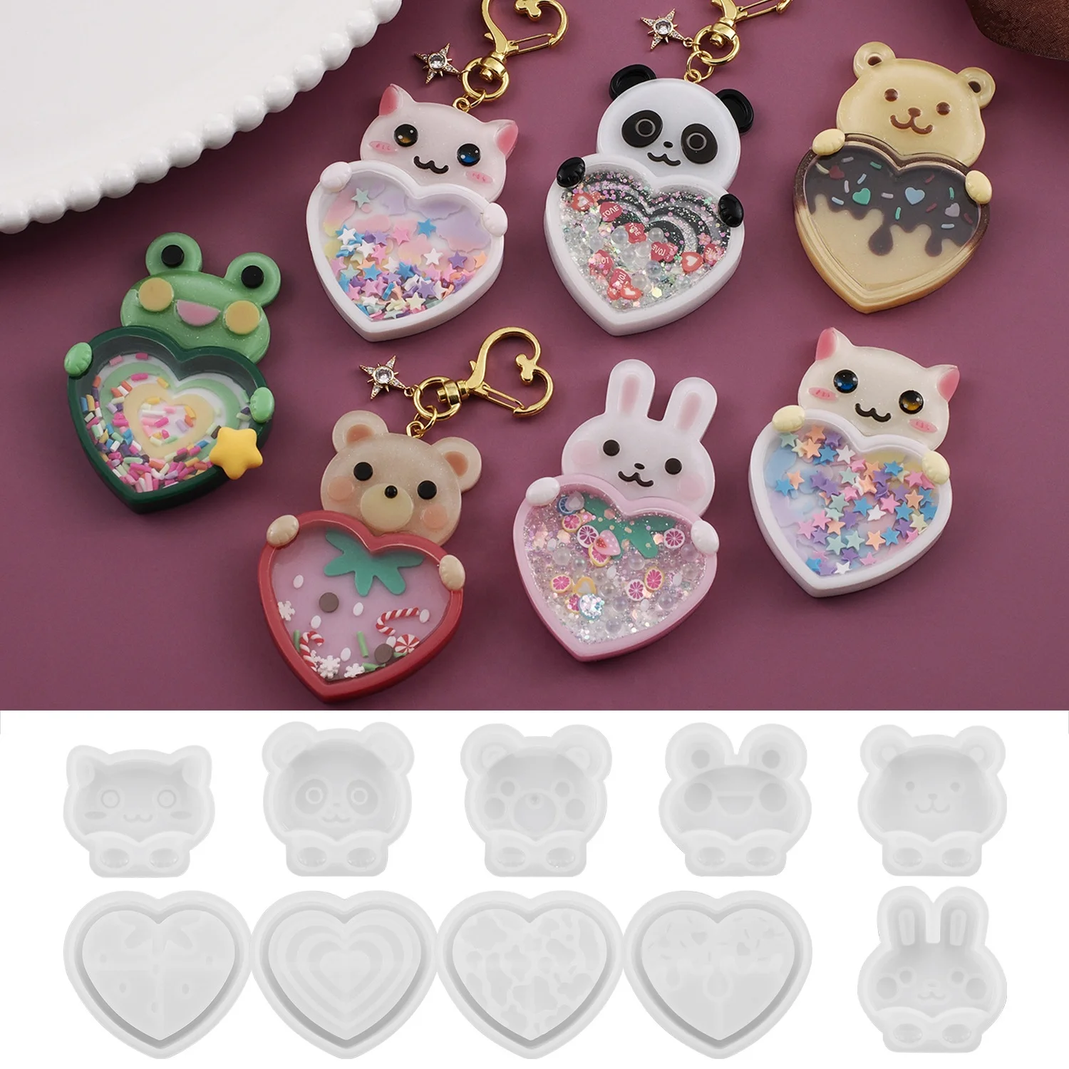 DM852 Animal Cat Rabbit Bear Frog Quicksand Box Epoxy Resin Silicone Mold Love Shaker Bottle Keychain Pendant Jewelry Mould
