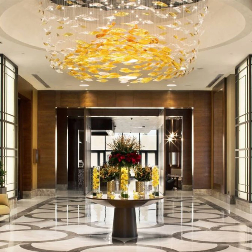 Modern Decorative Hotel Lobby Hand made yellow Murano Glass Pendant Lights Large Project Ceiling Hanging Chandeliers