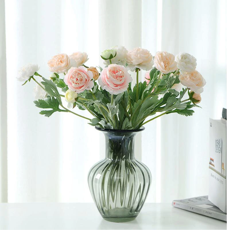 colorful high simulation silk 3 heads ranunculus artificial ranunculus flower peach ranunculus silk flowers for decor
