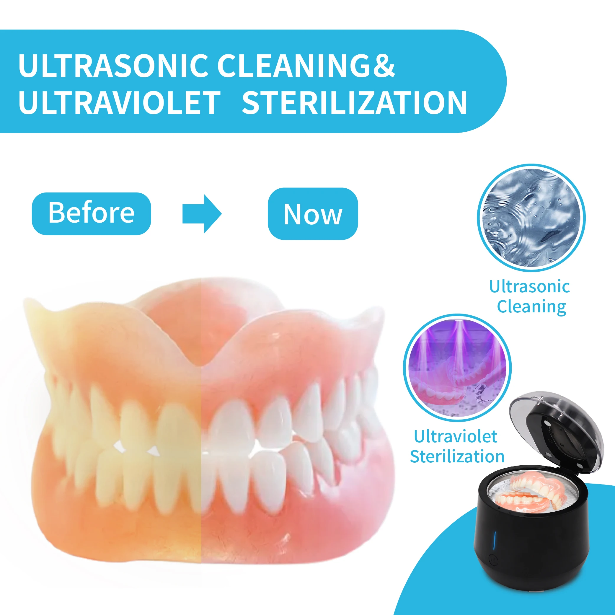 Ultrasonic UV Cleaning Jewlery Watch Dental False Teeth Aligner Retainer Mouth Guard Ultrasonic UV Cleaner for Dentures