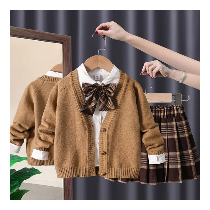 Ms-196 Baby Girl 3 Piece Set Shirt+Plaid Skirt+Sweater Coat Toddler Girls Clothing Sets Baby Winter Clothes for Kid Girls