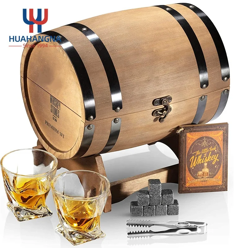 Premium 300ml Custom Etched Whiskey Glass Gift Sets With 6 Granite Whisky Rocks in Wooden Whiskey Barrel Gift Box