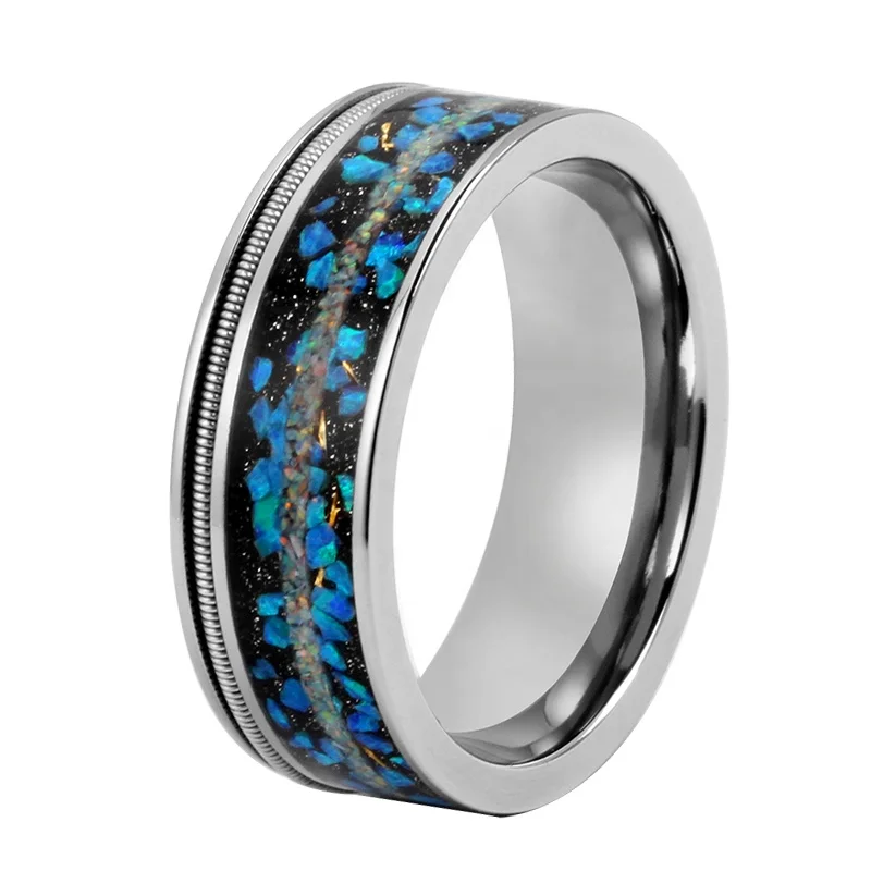 8mm Silver Inlay Guitar String Blue Galaxy Nebula Opal Sandstone Inlay Titanium Ring Tungsten Carbide Rings For Men