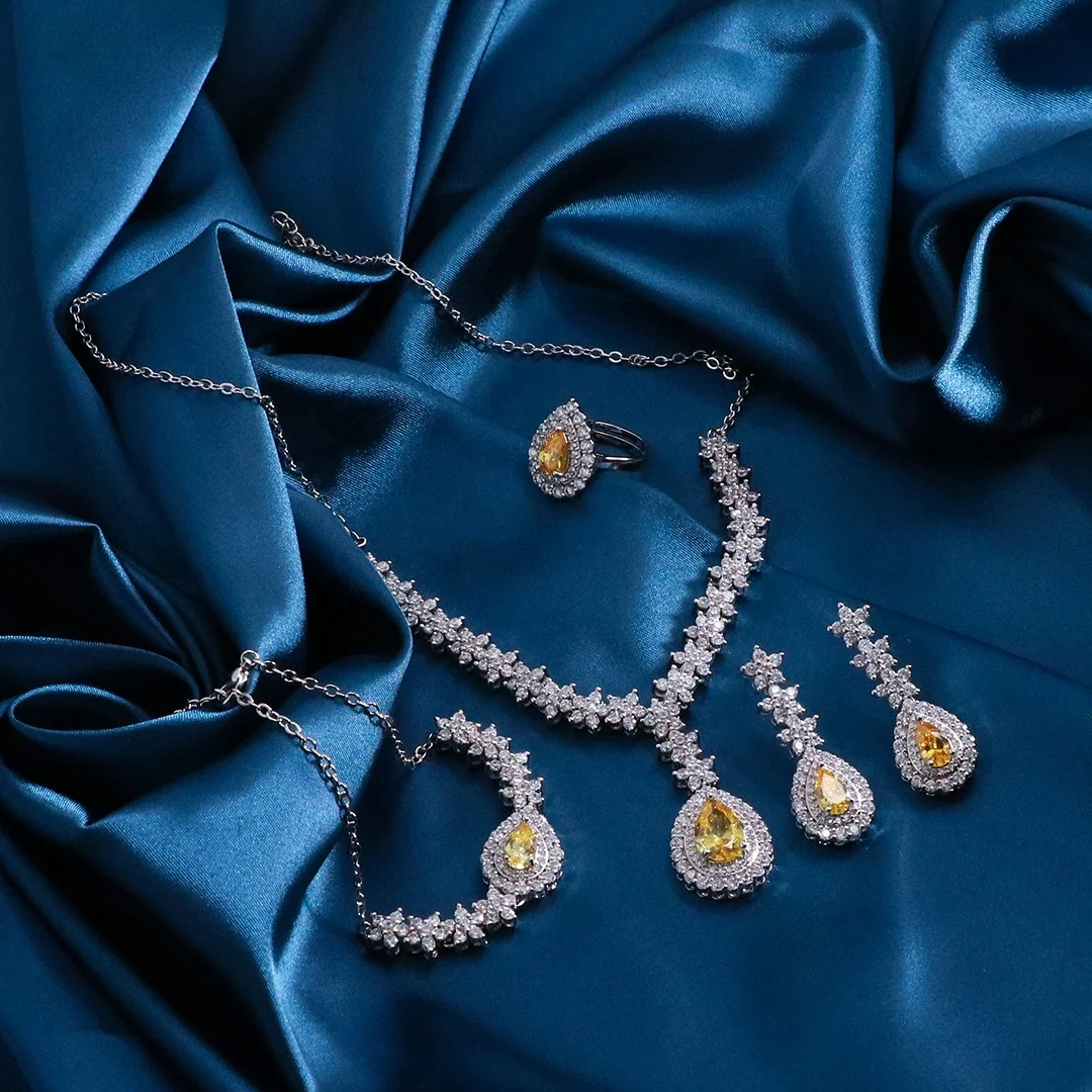 Bedazzled Luxury 4pcs Full Set Exquisite Micro inlaid Zircon Yellow stone Water Drop Elegan Bridal Wedding Fine Jewelry Set